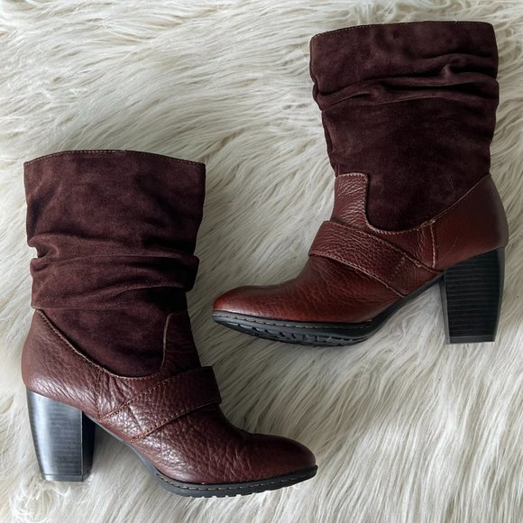 BOC BORN Chocolate Brown Leather Boho Buckle Pull On Mid Calf Block Heel Boots - Picture 4 of 14